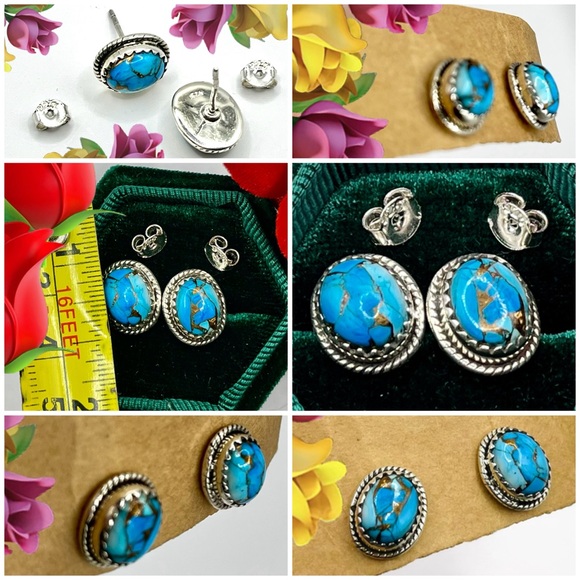 NEW Stamped .925 Silver with Real Turquoise Stones Stud Earrings - Picture 2 of 2